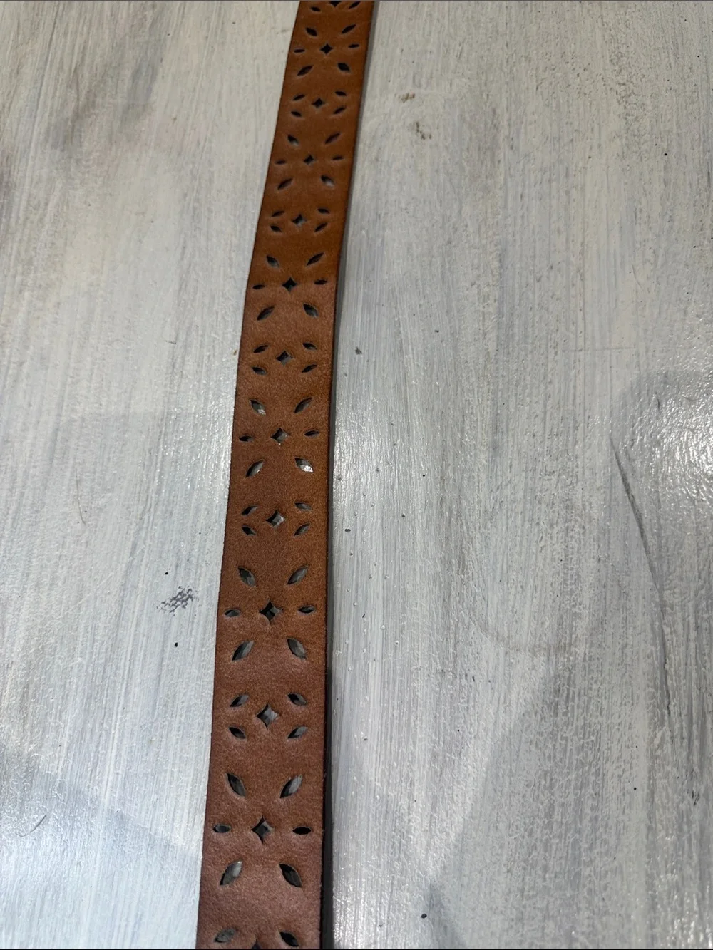 Vintage Fossil Gold Floral Laser-Cut Leather Belt with Brass Buckle